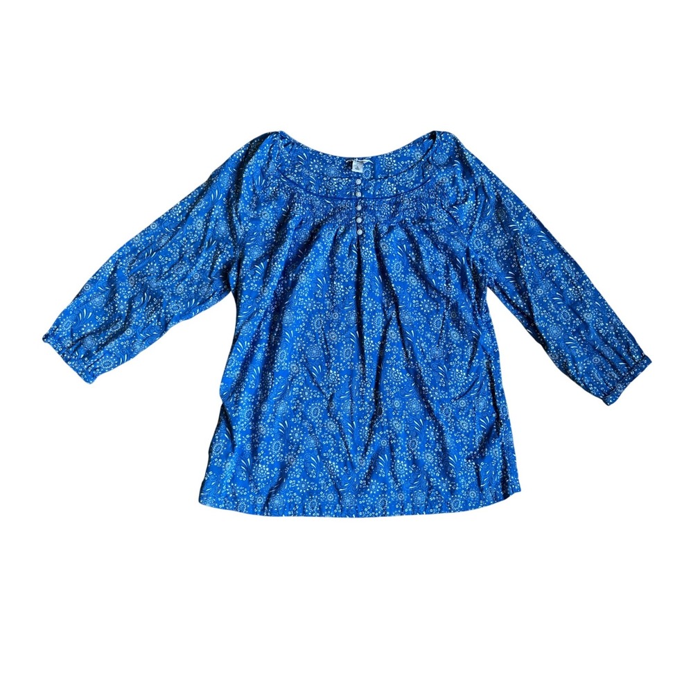 LL Bean Blue Floral Cotton Smocked Blouse Top S Cottagecore Lightweight Preppy
